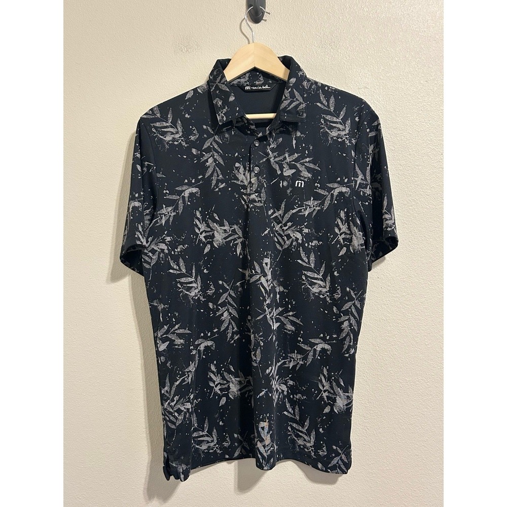 Travis Mathew Black Riegel Golf Polo Shirt Mens Short Sleeve Leaf Print Size L
